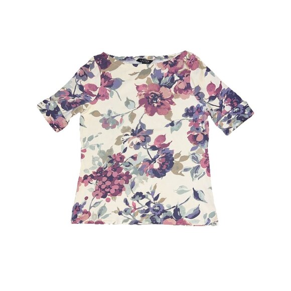 Ralph Lauren Boatneck Jersey Top Womens size PXS Floral Stretch Short Sleeve - Picture 4 of 7